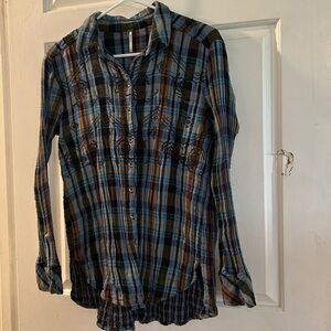 Free People Blue and Brown Plaid Button-Up Shirt
